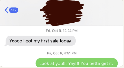 DM testimonial — Yoooo I got my first sale today