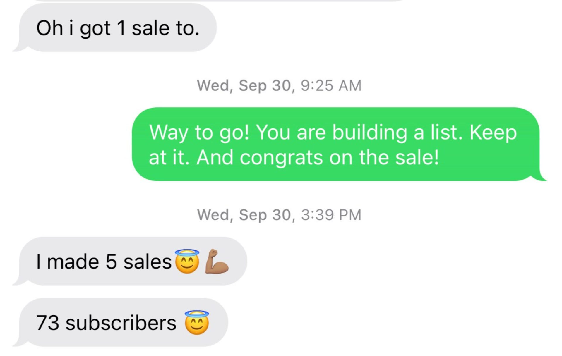 DM testimonial — I made 5 sales and 73 subscribers