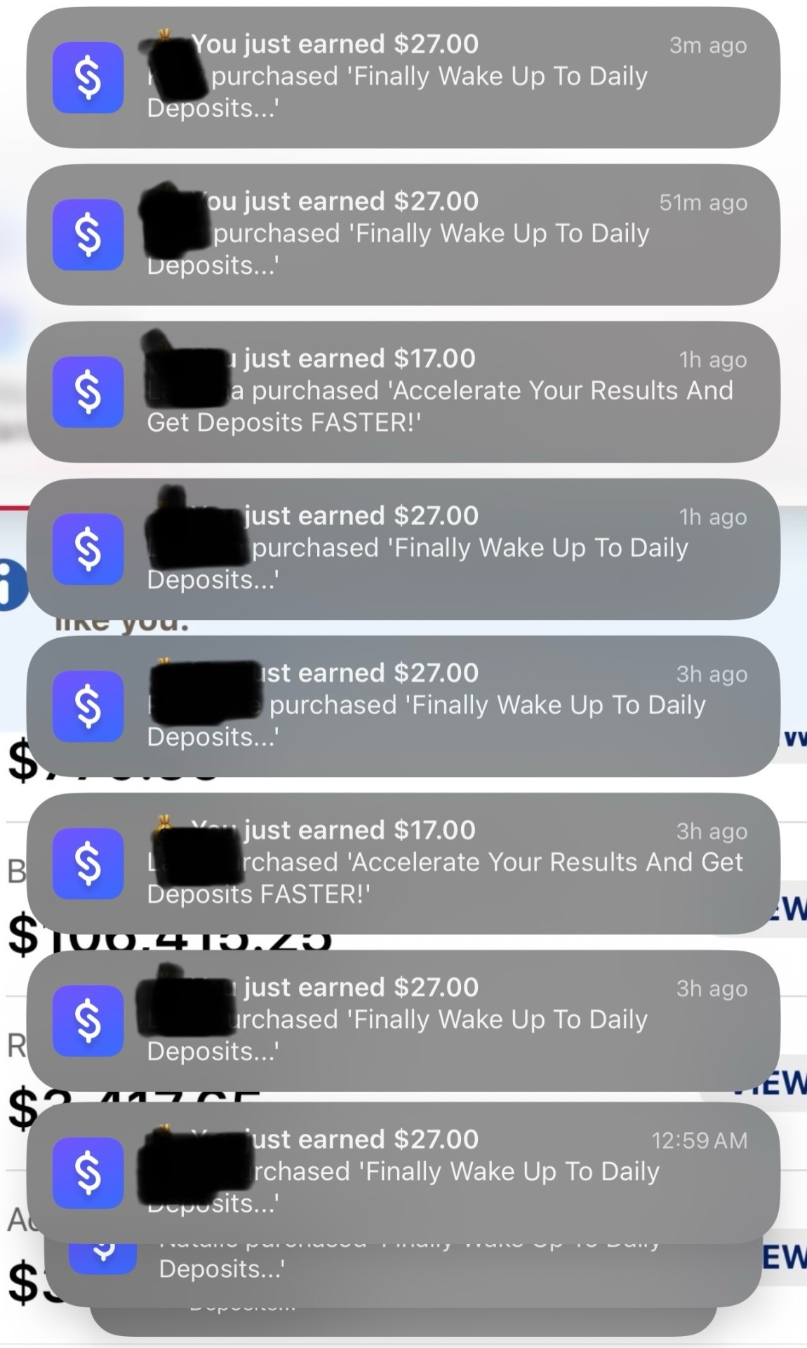 Stack of Stan sale notifications — multiple $27 and $17 purchases