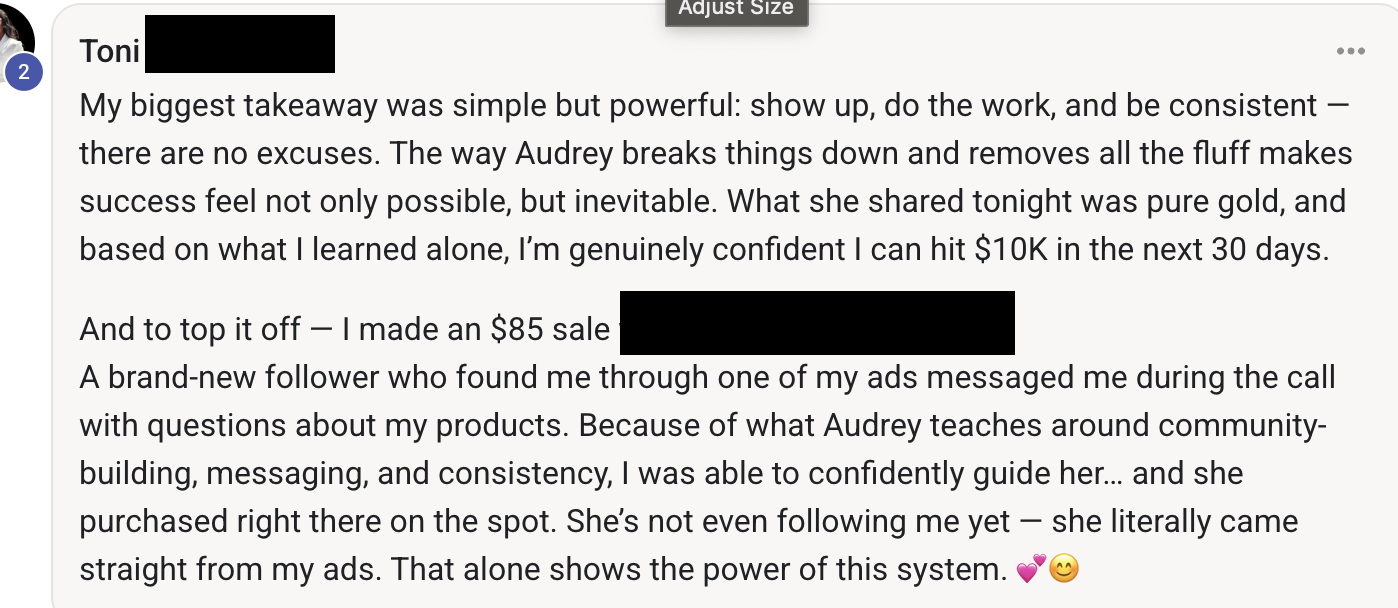 DM testimonial from Toni about making an $85 sale