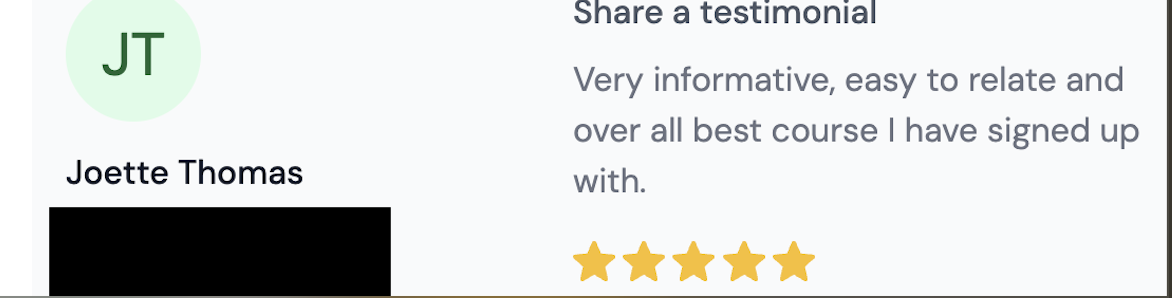 Testimonial from Joette Thomas — best course I have signed up with